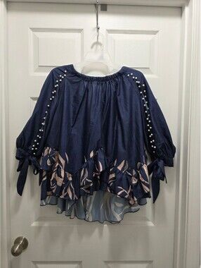 CHICME XL Navy Blue Floral Ruffle Blouse with Pearl Sleeve Detail